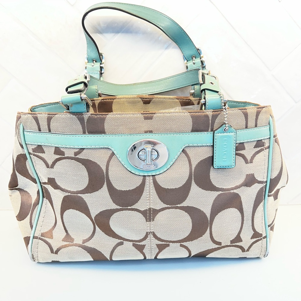 Coach Signature Canvas Shoulder Bag - Brown and Mint